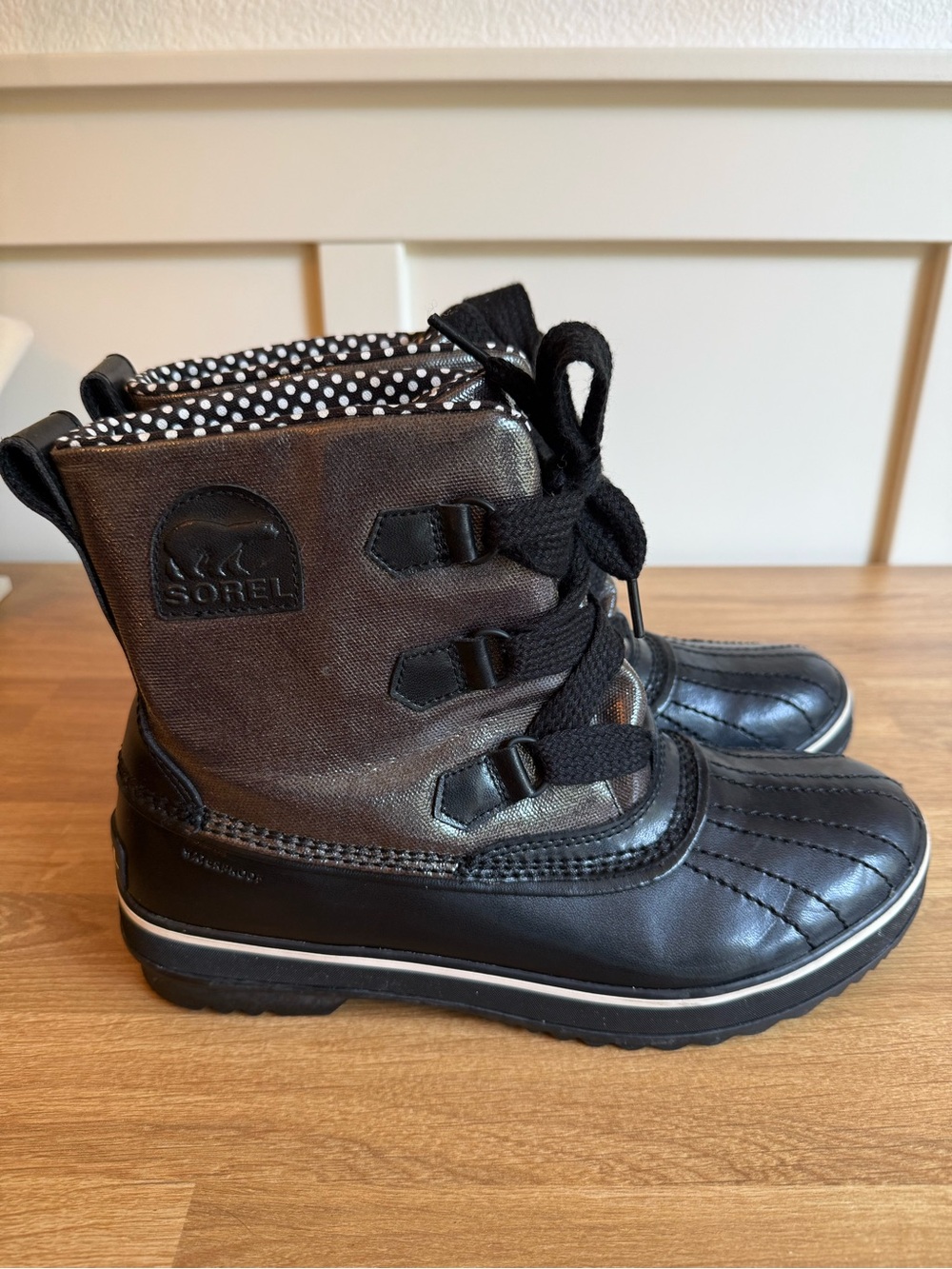 SOREL Tivoli Metallic Black Waterproof Rain Duck Boots Polka Dot Lining Size 11